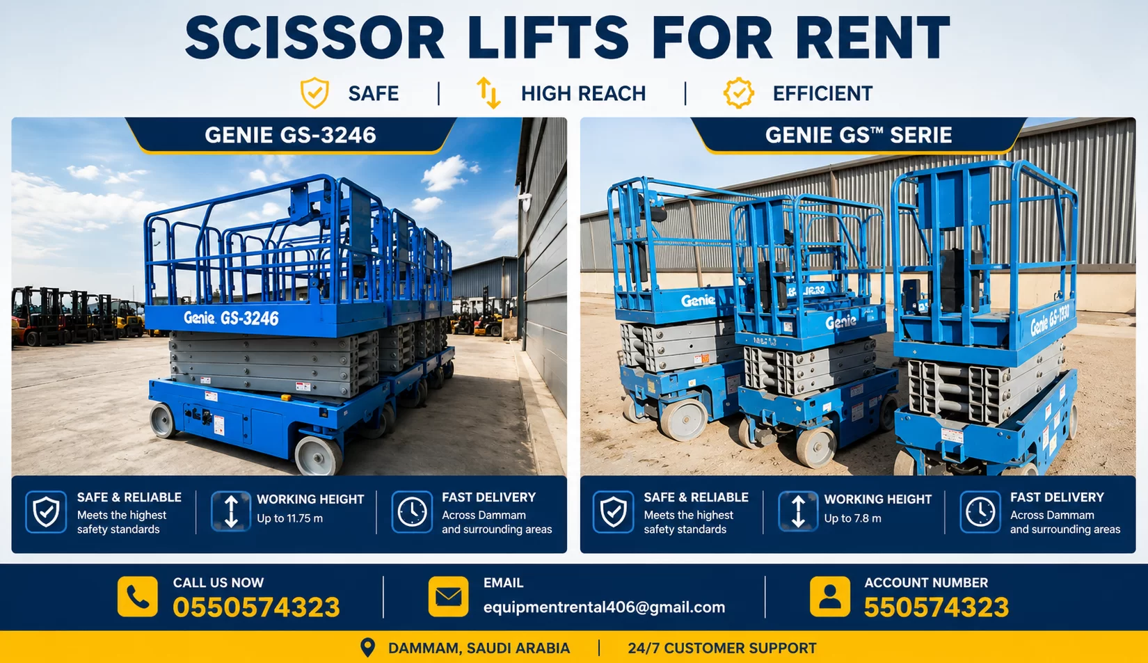 Scissor Lift Rental Dammam | 8m to 16m Aerial Platforms | 0550574323 🏗️