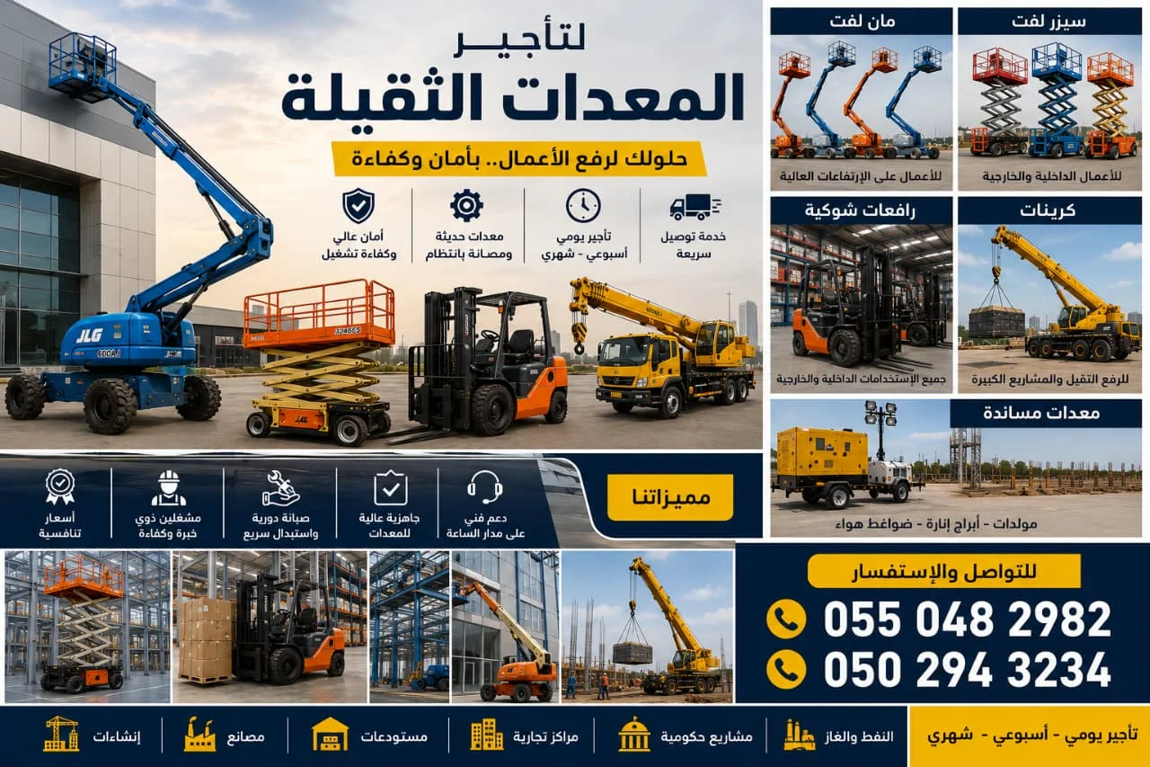 مان لفت 14m 16m 22m 28m 34m 38m 44m 54m للايجار وسيزرلفت ورافعات شوكيه وكرينات