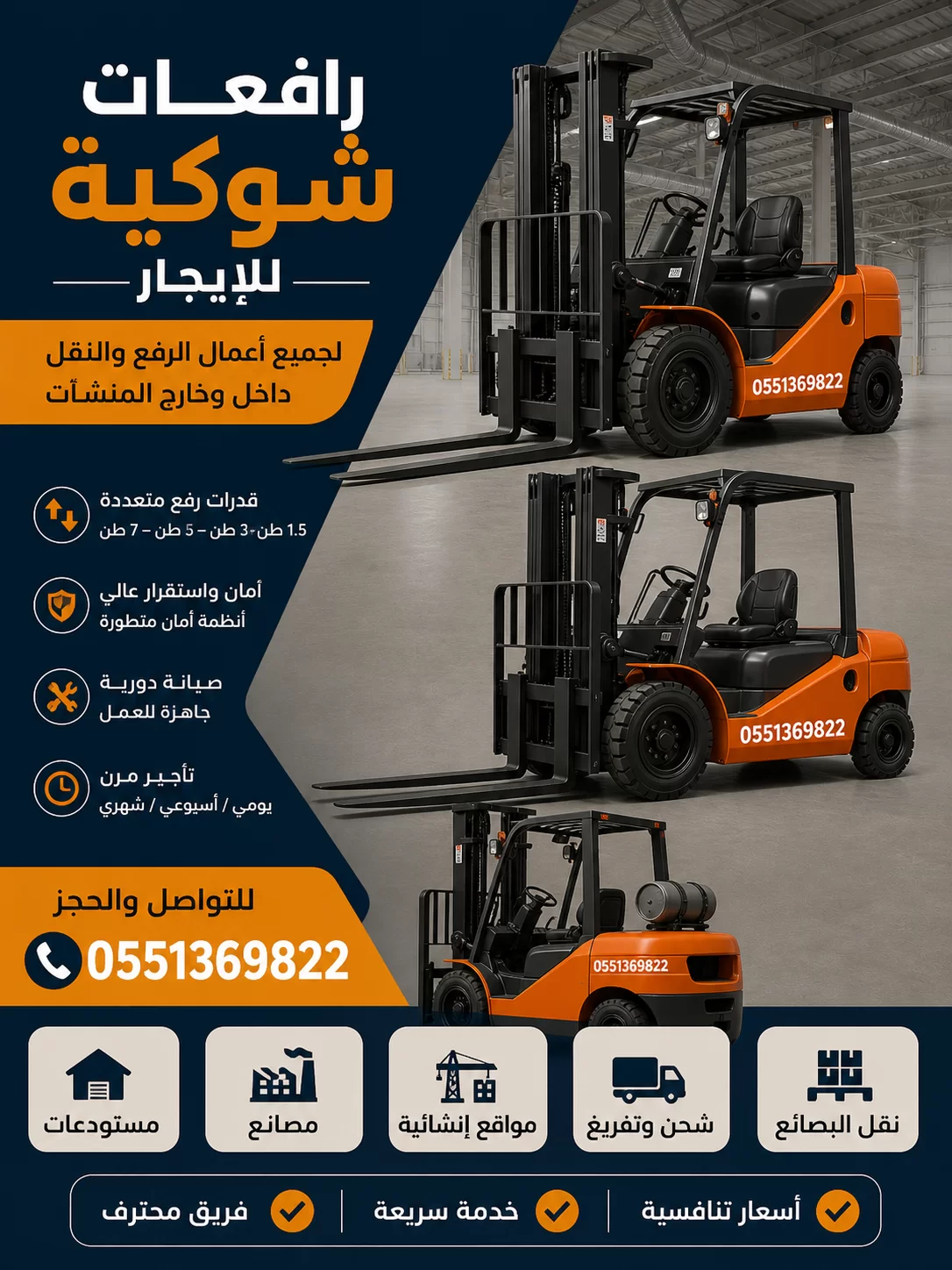 رافعات شوكيه ومقصيه للايجار لتواصل 0551369822