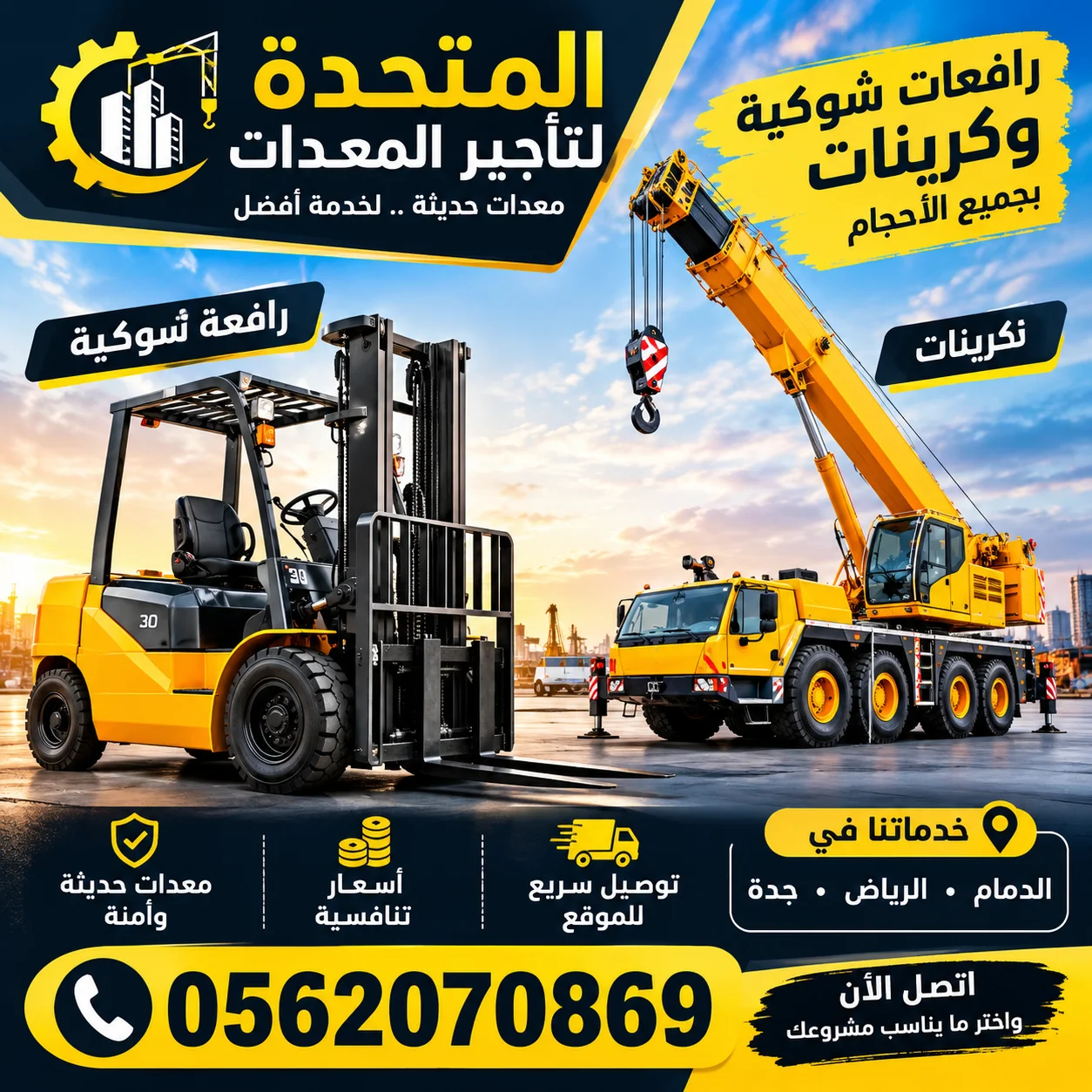 للايجار كرينات ورافعات شوكية فالدمام والرياض وجدة 0562070869
