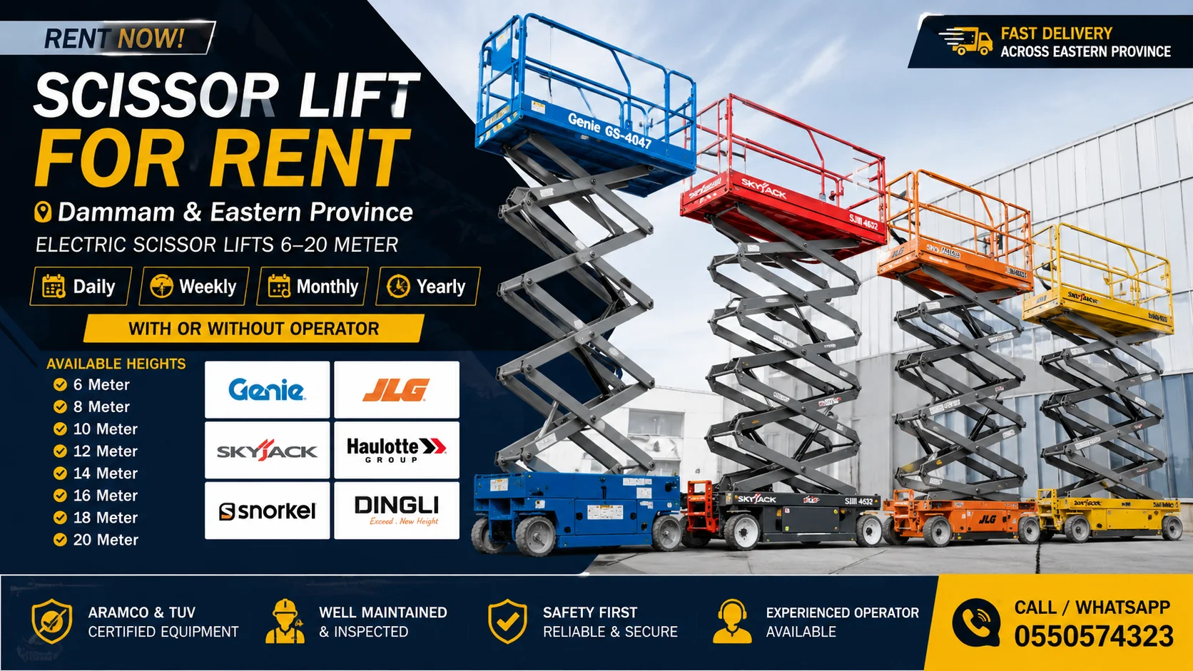 Scissor Lifts & Man Lifts for Rent in Dammam | Daily – Weekly – Monthly – Annual | Best Rates 0550574323