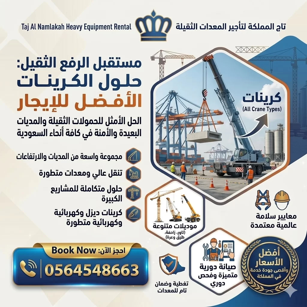 تاجير كرينات الدمام - الرياض- جدة الجبيل القطيف تبوك - كرين للايجار في الدمام - الرياض جدة الجبيل - جميع الاحجام - احدث الموديلات 2026